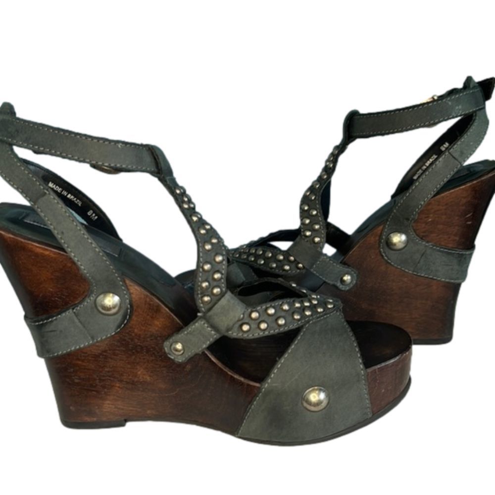 Vintage Limited Edition Mia Wood Wedge Studded Sandals Blue Suede size 8